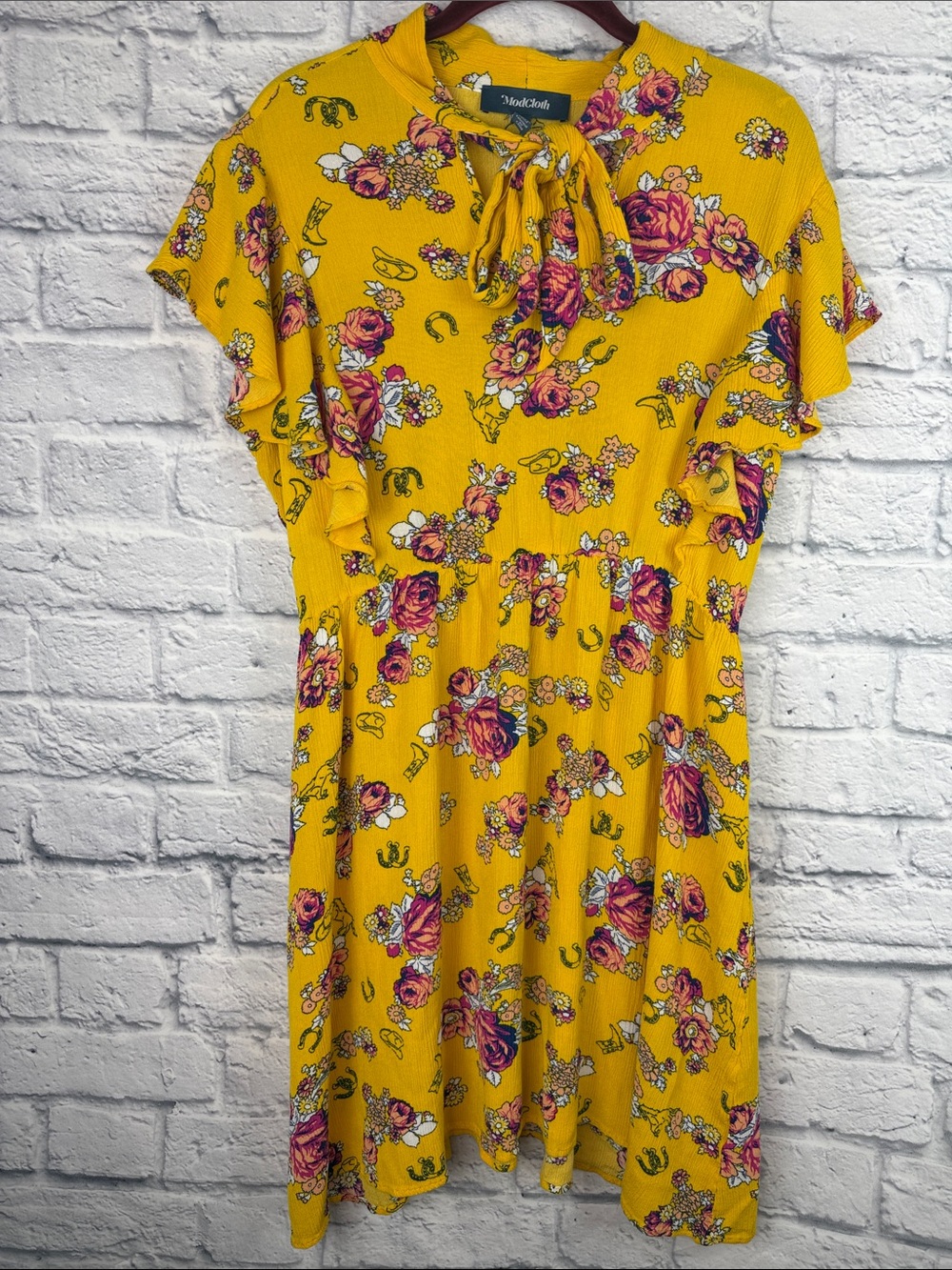 ModCloth Yellow Cowboy Boots Horseshoes Floral Tie-Neck Dress Size XL
